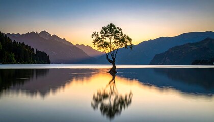 Solitary tree silhouette in calm lake at sunset, reflecting in still water, against a mountain range backdrop