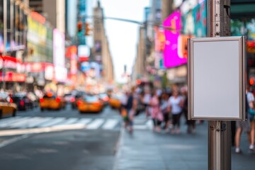 Obraz premium Busy Times Square NYC street, blank square poster on lamppost, motion blur people crossing, taxis passing, neon lights, natural sunlight, clean urban aesthetic photo