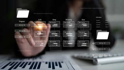 Project management system showing workflow stages, task progress, and review status. Task progress...