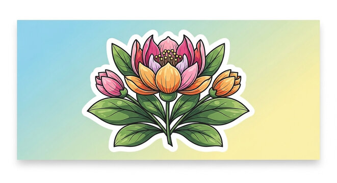 Vibrant cartoon lotus flower illustration with buds and leaves on a gentle gradient background