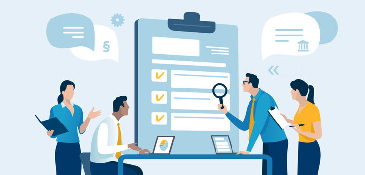 Checklist. Office work. Business team checks the document, contract. Vector illustration