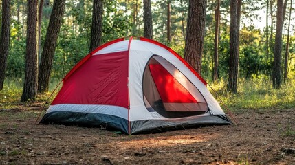 Red Tent in a Pine Forest.