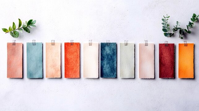 Ten colorful fabric swatches are displayed in a row, attached with clips to a textured white surface, with sprigs of greenery. - Powered by Adobe
