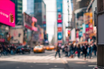 Times Square NYC busy street view, blank poster on lamppost near pedestrian crossing, motion blur of crowd and taxis, neon signs, clean urban aesthetic, realistic photo