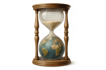 Hourglass with earth globe symbolizing global time running out, environmental crisis, and urgent climate change action