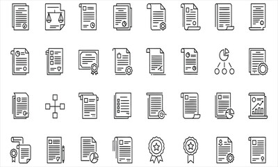 Set of Line Art Icons Depicting Business Documents and Paperwork