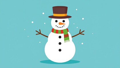 Stylized snowman with hat and scarf, over cyan, with snow dots. Cheerful, simple design for winter holidays