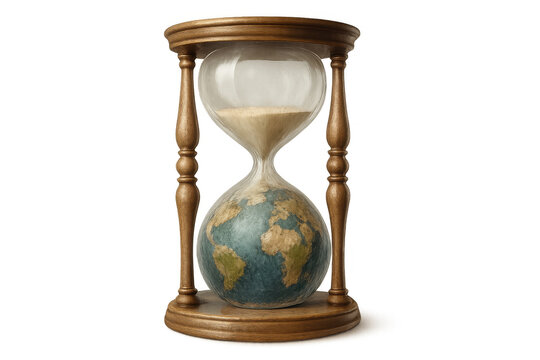Hourglass with earth globe symbolizing global time running out, environmental crisis, and urgent climate change action