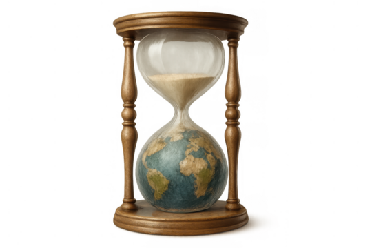 Hourglass with earth globe symbolizing global time running out, environmental crisis, and urgent climate change action