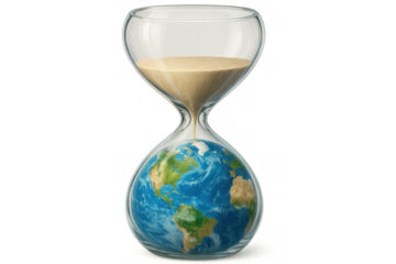 Hourglass containing earth globe with sand falling, symbolizing global warming and deadline for climate action