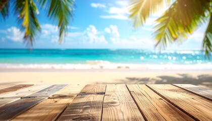 Sunny beach scene with wooden planks foreground, turquoise water, white sand, palm trees, and a blue sky