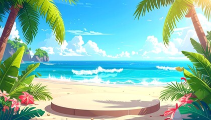 Obraz premium Sunny beach view with palm trees frames a stage, ocean waves crash gently, and island sits in the distance