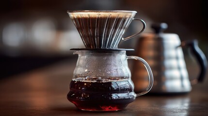 Pour over coffee brewing method with freshly brewed dark coffee in glass carafe and kettle