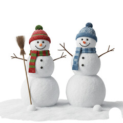 Two snowmen isolated on transparent or white background, png
