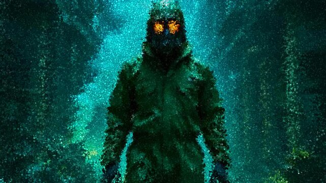 Person in Green Hazmat Suit with Glowing Gas Mask Standing in Fog-Filled Industrial Corridor Surrounded by Machinery, Animation Made of Cubes