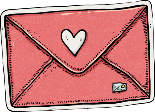 Red envelope with heart symbol, hand drawn style, romantic and cheerful illustration