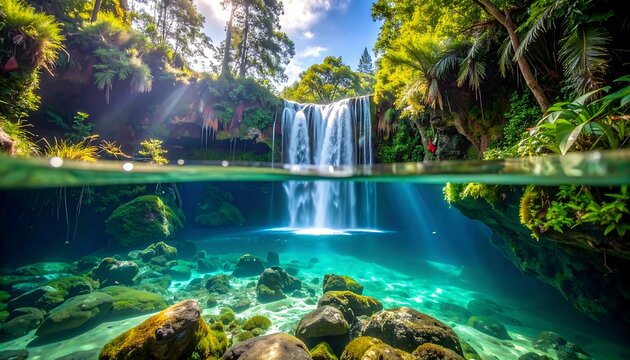 Split-view of a waterfall plunging into a turquoise pool surrounded by lush green vegetation and mossy rocks