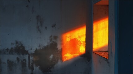 Fototapeta premium Warm Sunset Light Illuminates Empty Room with Weathered Walls and Shadows Creating a Peaceful Atmosphere and Abstract Aesthetic in Urban Space