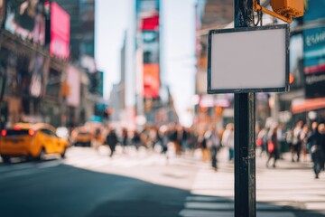 Fototapeta premium Urban Times Square street, small blank poster attached to lamppost, blurred crowd, taxis and neon lights, natural sunlight with soft shadows, clean urban aesthetic, realistic photo