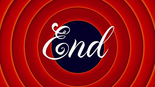 End. Title 3 In 1 With Red Rings And Handwritten Text In Retro Style. 3-in-1 resource. Red rings burst from center followed by handwritten white End text. Color, vintage color and black-white film.