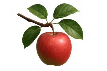 Red apple hanging from a branch with green leaves, fresh organic fruit, healthy eating, transparent background
