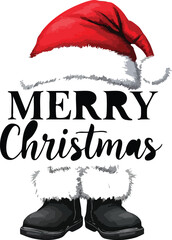 Naklejka premium Merry Christmas Text Design with Santa Claus Red Hat, Fuzzy White Trim, and Black Boots Holiday Season Vector Illustration