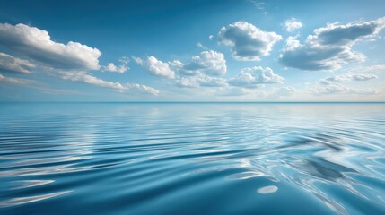 Obraz premium Serene Blue Ocean Water Surface with Gentle Ripples Under a Bright Sky and Fluffy Clouds on a Clear Day for Nature and Landscape Photography