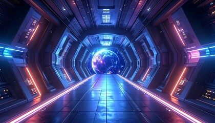 Space station corridor leads to a view of a planet. Neon lighting enhances the futuristic atmosphere