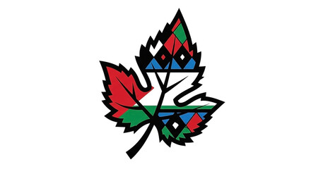 Stylized Leaf Logo Featuring Vibrant Geometric Patterns and Cultural Motifs on White