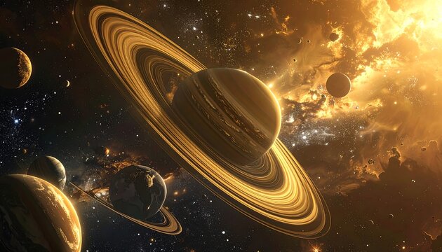 Space scene Ringed planet cluster amidst nebulae and celestial bodies, bathed in warm, glowing light
