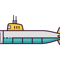 Fototapeta premium Colorful submarine vector illustration, underwater vessel with periscopes and fins, nautical transport icon