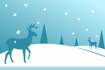 Winter Deer Landscape Background with Snowfall and Pine Trees – Minimal Blue Winter Scene for Holiday and Christmas Design