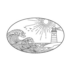 Obraz premium Line art illustration of a coastal scene featuring a lighthouse, waves, sun, and birds