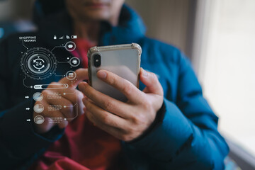 person using smartphone for online shopping with digital interface showing discounts, super sale, and e-commerce icons. Great for technology, mobile shopping digital marketing content.