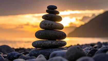 Stacked rocks at sunset by the sea. Calm, zen-like