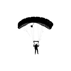 Parachutist silhouette, a thrilling skydiver descending with an open parachute against white.