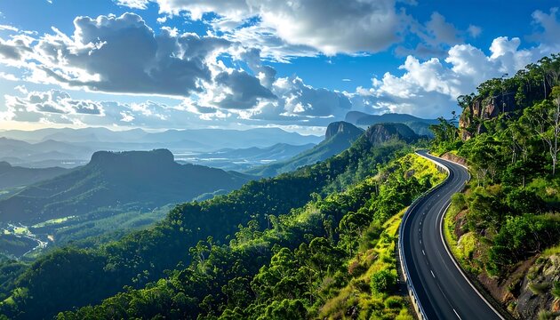 Scenic Mountain Road with Lush Greenery and Cloudy Sky.