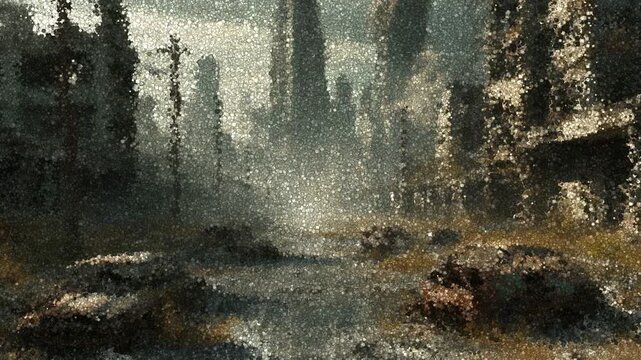 Desolate City Street with Crumbling Buildings and Burned-Out Cars Overgrown by Vegetation Under Smoke-Filled Sky, Animation Made of Cubes