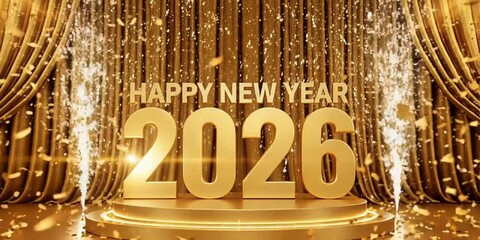 Celebrate the joyous arrival of Happy New Year 2026 with a radiant golden stage, sparkling fireworks, and elegant festive decorations