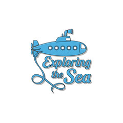 Blue cartoon submarine illustration, exploring the sea adventure, ocean exploration, marine vector graphic design