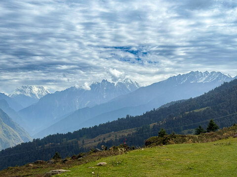 Majestic View of Nanda Devi and Snow-Covered Himalayan Peaks from Auli, Uttarakhand