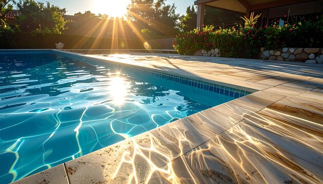 Sunlight glares on a clear pool with stone edging, plants, and a building in the background on a bright day