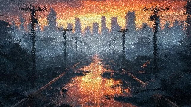 Destroyed City Street with Broken Power Lines and Damaged Skyscrapers Reflecting Sunset Light on Wet Pavement, Animation Made of Cubes