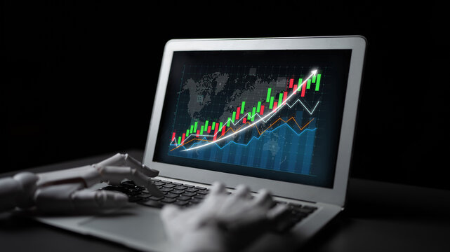 A robotic hand interacts with a laptop screen displaying a vibrant financial growth chart, emphasizing modern technology in trading and data analysis. Impute