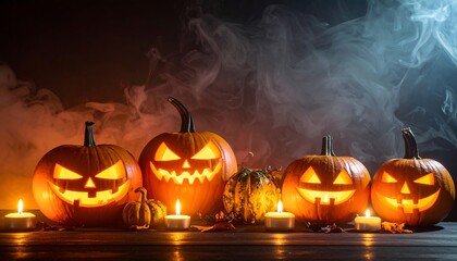Spooky carved pumpkins lit with candles under hazy smoke, on dark wood surface, evokes Halloween vibes