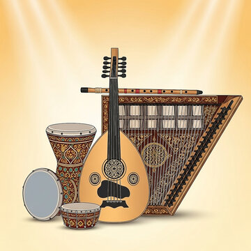 Traditional Middle Eastern musical instruments oud qanun darbuka and nay illuminated by spotlights