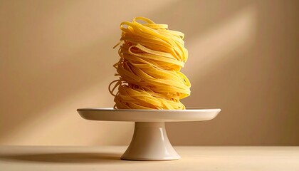 Stacked tagliatelle pasta on a small white cake stand, against a beige background with soft, angled lighting