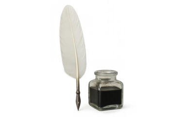 Feather pen and inkwell creating traditional writing tools, illustrating history, literature, and education on transparent background