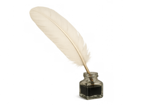 Quill pen feather dipping in inkwell, vintage writing tool for classic calligraphy and historical document concepts