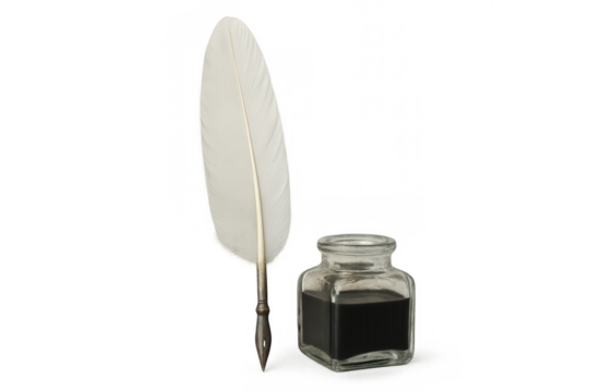 Feather pen and inkwell creating traditional writing tools, illustrating history, literature, and education on transparent background